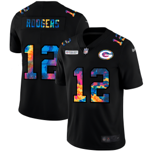 Fantastic Green Bay Packers #12 Aaron Rodgers Men's Multi Color Black 2020 NFL Crucial Catch Vapor Untouchable Limited Jersey for ultimate sports enthusiasts