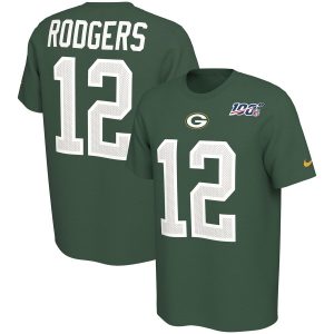 Gorgeous Green Bay Packers #12 Aaron Rodgers  NFL 100th Season Player Pride Name & Number Performance T Shirt Green for die hard Packers fans