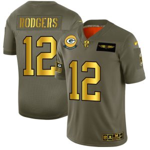 Stunning Green Bay Packers #12 Aaron Rodgers NFL Men's Olive Gold 2019 Salute to Service Limited Jersey for ultimate sports enthusiasts