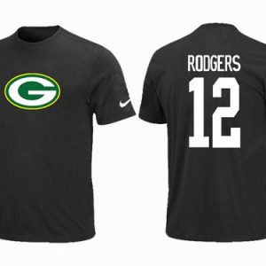 Gorgeous Green Bay Packers #12 Aaron Rodgers Name & Number NFL T Shirt Black perfect for game day celebrations