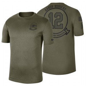 Terrific Green Bay Packers #12 Aaron Rodgers Olive 2019 Salute To Service Sideline NFL T Shirt perfect for game day celebrations