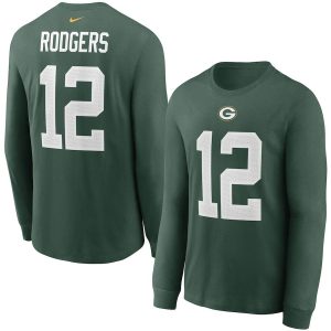 Fantastic Green Bay Packers #12 Aaron Rodgers  Player Name & Number Long Sleeve T Shirt Green perfect for game day celebrations
