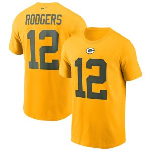 Impressive Green Bay Packers #12 Aaron Rodgers  Team Player Name & Number T Shirt Gold for die hard Packers fans