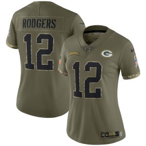 Stunning Green Bay Packers #12 Aaron Rodgers Women's 2022 Salute To Service Limited Jersey   Olive for ultimate sports enthusiasts