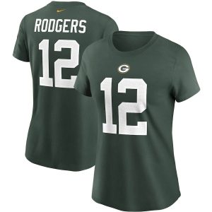 Amazing Green Bay Packers #12 Aaron Rodgers  Women's Team Player Name & Number T Shirt Green to stand out at the stadium