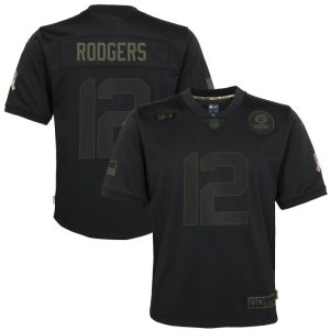Terrific Green Bay Packers #12 Aaron Rodgers Youth 2020 Salute to Service Game Jersey Black perfect for game day celebrations