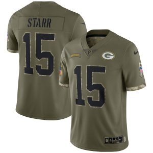 Stunning Green Bay Packers #15 Bart Starr Men's 2022 Salute To Service Limited Jersey   Olive perfect for game day celebrations