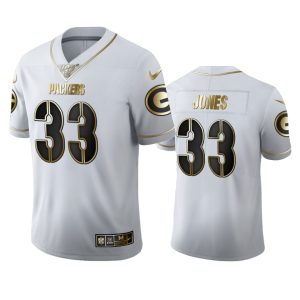 Stunning Green Bay Packers #33 Aaron Jones Men's White Golden Edition Vapor Limited NFL 100 Jersey for ultimate sports enthusiasts