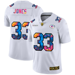 Stunning Green Bay Packers #33 Aaron Jones Men's White Multi Color 2020 NFL Crucial Catch Limited NFL Jersey for die hard Packers fans