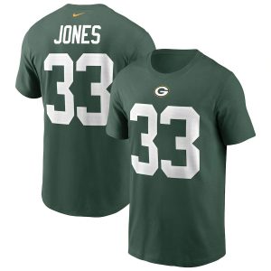 Impressive Green Bay Packers #33 Aaron Jones  Team Player Name & Number T Shirt Green to showcase your team pride