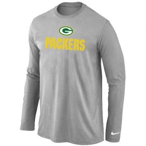 Terrific Green Bay Packers Authentic Logo Long Sleeve NFL T Shirt Light Grey for die hard Packers fans