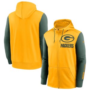 Unique Green Bay Packers Gold Green Fan Gear Mascot Performance Full Zip Hoodie perfect for game day celebrations
