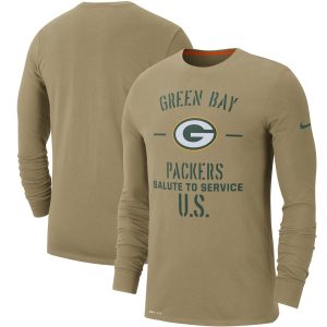 Gorgeous Men's Green Bay Packers  Tan 2019 Salute to Service Sideline Performance Long Sleeve Shirt perfect for game day celebrations