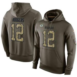 Impressive NFL Men's  Green Bay Packers #12 Aaron Rodgers Stitched Green Olive Salute To Service KO Performance Hoodie for die hard Packers fans