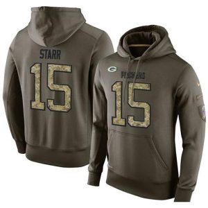 Terrific NFL Men's  Green Bay Packers #15 Bart Starr Stitched Green Olive Salute To Service KO Performance Hoodie to stand out at the stadium
