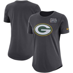 Amazing NFL Women's Green Bay Packers  Anthracite Crucial Catch Tri Blend Performance T Shirt perfect for game day celebrations