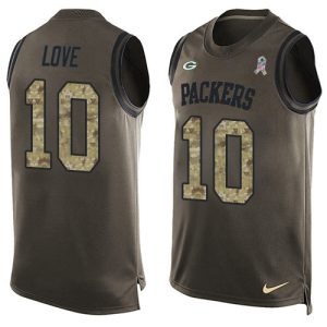 Fantastic Packers #10 Jordan Love Green Men's Stitched NFL Limited Salute To Service Tank Top Jersey for die hard Packers fans
