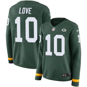 Impressive Packers #10 Jordan Love Green Team Color Women's Stitched NFL Limited Therma Long Sleeve Jersey for die hard Packers fans