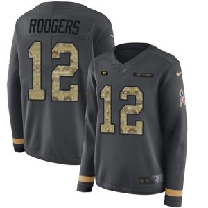Terrific Packers #12 Aaron Rodgers Anthracite Salute to Service Women's Stitched NFL Limited Therma Long Sleeve Jersey perfect for game day celebrations
