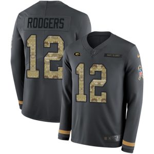 Fantastic Packers #12 Aaron Rodgers Anthracite Salute to Service Youth Stitched NFL Limited Therma Long Sleeve Jersey for die hard Packers fans
