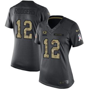 Gorgeous Packers #12 Aaron Rodgers Black Women's Stitched NFL Limited 2016 Salute to Service Jersey for die hard Packers fans