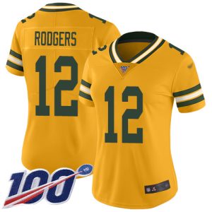 Terrific Packers #12 Aaron Rodgers Gold Women's Stitched NFL Limited Inverted Legend 100th Season Jersey perfect for game day celebrations