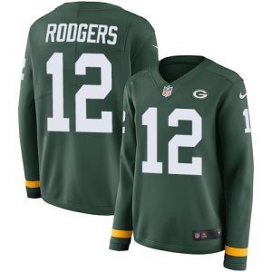 Terrific Packers #12 Aaron Rodgers Green Team Color Women's Stitched NFL Limited Therma Long Sleeve Jersey to showcase your team pride