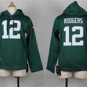 Outstanding Packers #12 Aaron Rodgers Green Youth Pullover NFL Hoodie to showcase your team pride