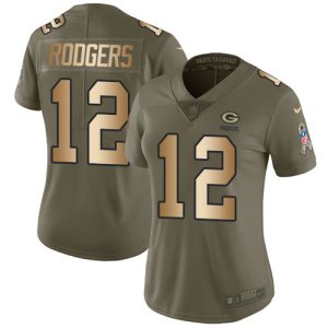 Amazing Packers #12 Aaron Rodgers Olive/Gold Women's Stitched NFL Limited 2017 Salute to Service Jersey for ultimate sports enthusiasts