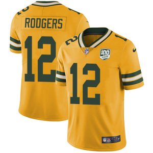 Gorgeous Packers #12 Aaron Rodgers Yellow Men's 100th Season Stitched NFL Limited Rush Jersey to stand out at the stadium