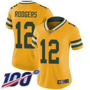 Gorgeous Packers #12 Aaron Rodgers Yellow Women's Stitched NFL Limited Rush 100th Season Jersey perfect for game day celebrations