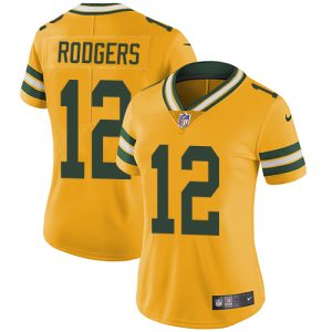 Stunning Packers #12 Aaron Rodgers Yellow Women's Stitched NFL Limited Rush Jersey to showcase your team pride