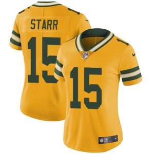 Terrific Packers #15 Bart Starr Yellow Women's Stitched NFL Limited Rush Jersey for die hard Packers fans