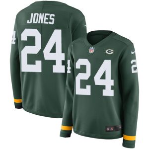 Terrific Packers #24 Josh Jones Green Team Color Women's Stitched NFL Limited Therma Long Sleeve Jersey for die hard Packers fans