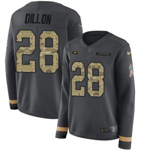 Outstanding Packers #28 AJ Dillon Anthracite Salute to Service Women's Stitched NFL Limited Therma Long Sleeve Jersey for ultimate sports enthusiasts