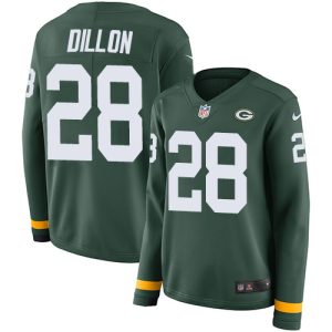Terrific Packers #28 AJ Dillon Green Team Color Women's Stitched NFL Limited Therma Long Sleeve Jersey perfect for game day celebrations