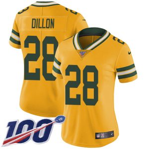 Unique Packers #28 AJ Dillon Yellow Women's Stitched NFL Limited Rush 100th Season Jersey to showcase your team pride
