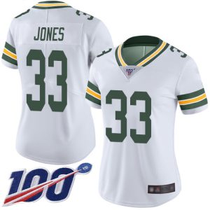 Stunning Packers #33 Aaron Jones White Women's Stitched NFL 100th Season Vapor Limited Jersey perfect for game day celebrations