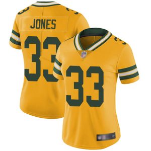 Terrific Packers #33 Aaron Jones Yellow Women's Stitched NFL Limited Rush Jersey to showcase your team pride