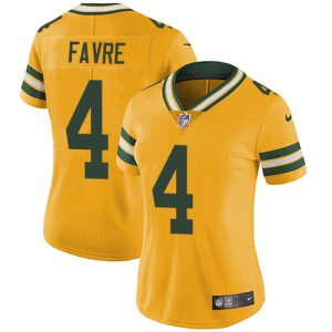 Stunning Packers #4 Brett Favre Yellow Women's Stitched NFL Limited Rush Jersey perfect for game day celebrations