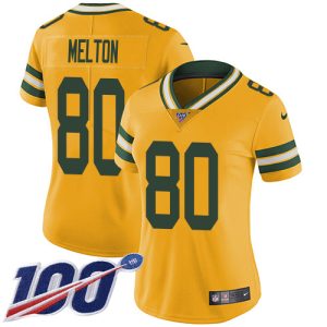 Stunning Packers #80 Bo Melton Yellow Women's Stitched NFL Limited Rush 100th Season Jersey to stand out at the stadium
