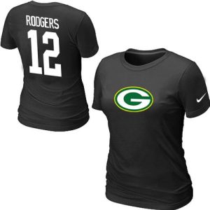 Amazing Women's  Green Bay Packers #12 Aaron Rodgers Name & Number T Shirt Black to showcase your team pride