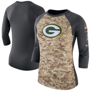 Unique Women's Green Bay Packers  Camo Charcoal Salute to Service Legend Three Quarter Raglan Sleeve T Shirt for die hard Packers fans