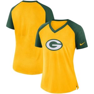 Fantastic Women's Green Bay Packers  Gold Green Top V Neck T Shirt perfect for game day celebrations
